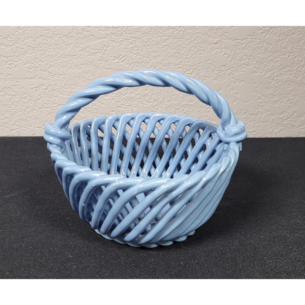 The Creative Circle Blue Ceramic Lattice Open-Weave Basket Vintage 1980s/90s
